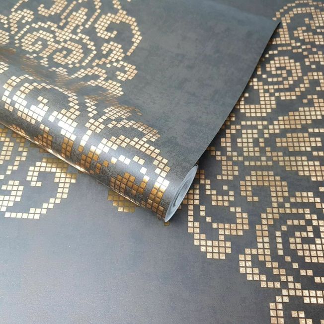 # Coffee Brown and # Metallic Gold Damask Feature # FD20748