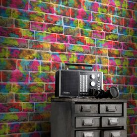 Rasch #Graffiti Bricks Multicoloured Neon Colours Kids Wallpaper 291407