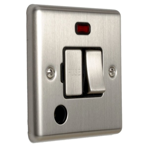 #Eurolite Enhance Satin Stainless Steel 13A DP Switched Fused Spur with Neon, Flex Outlet, and Black Insert